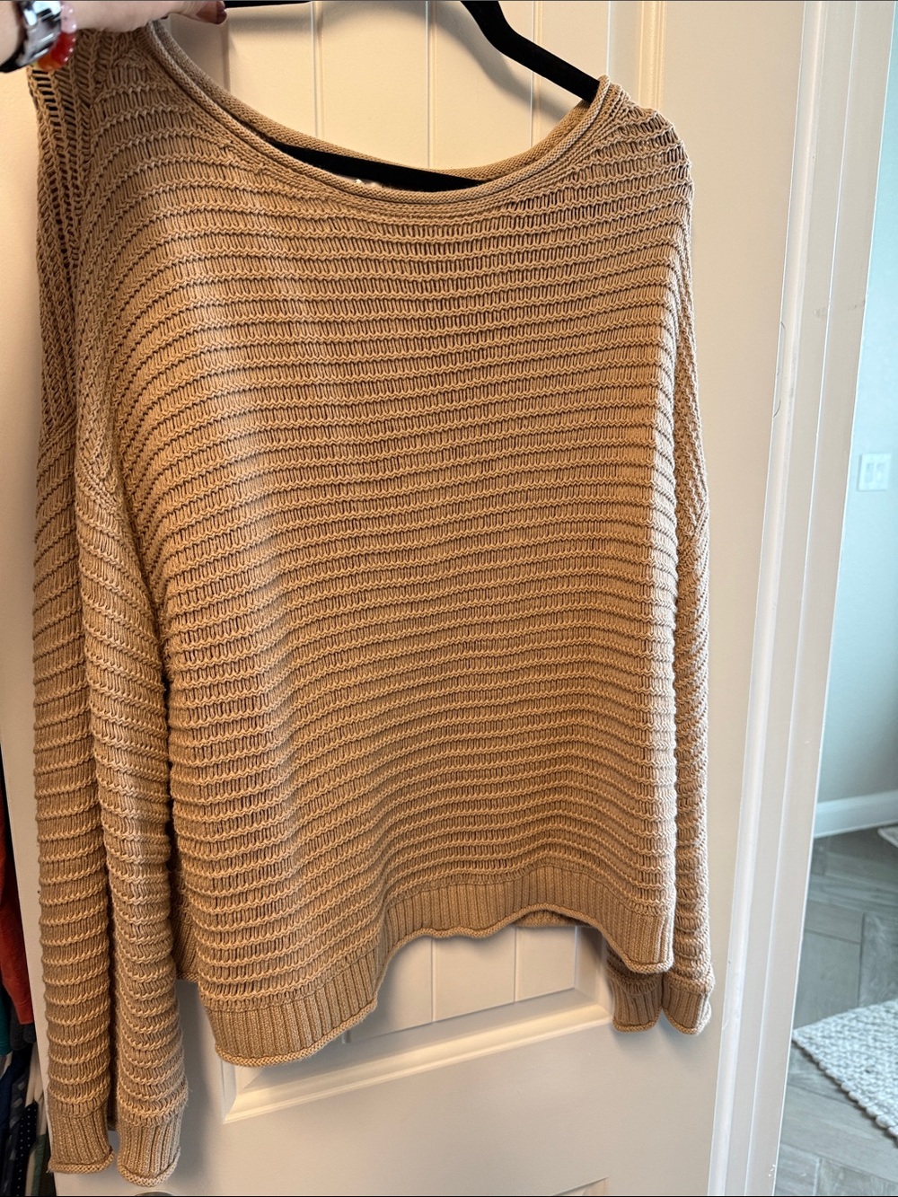 aerie Wide Neck Open Knit Sweater in Camel